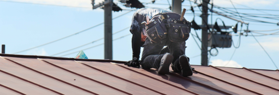 屋根の上で雨漏りの調査をする職人
